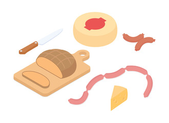 Meal preparation, grocery shopping set. Isometric vector illustration in flat design.