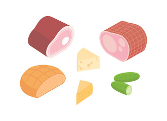 Meal preparation, grocery shopping set. Isometric vector illustration in flat design.