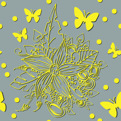 seamless pattern with flowers and butterflies, zendoodle vector illustration in trend colors of 2021 year