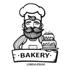 Bakery logo. Hand drawn vector illustration of chef-cooker with a mustache, beard and cake. chef cake logo. Confectionery logo. Hipster logo