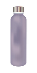 Vector realistic reusable glass water bottle in matte gray-violet design. Zero waste eco concept. Drinking water bottle isolated on a white background. Healthy sustainable and ecological lifestyle.