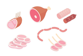 Meat and ham set, butcher shop. Isometric vector illustration in flat design.