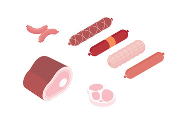 Meat and ham set, butcher shop. Isometric vector illustration in flat design.