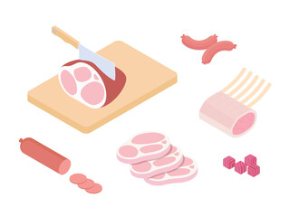 Meat and ham set, butcher shop. Isometric vector illustration in flat design.