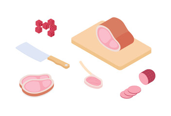 Meat and ham set, butcher shop. Isometric vector illustration in flat design.