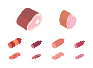 Meat and ham set, butcher shop. Isometric vector illustration in flat design.