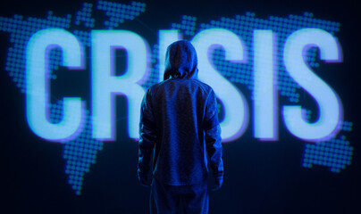 Dangerous hacker. Internet, cyber crime, global economy financial crisis concept. Dark background. Futuristic holographic interface to display data. Coronavirus COVID-19 spread in the world.