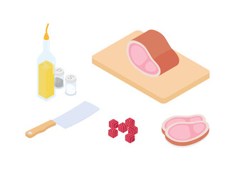 Meal preparation set, meat, steak. Isometric vector illustration in flat design.