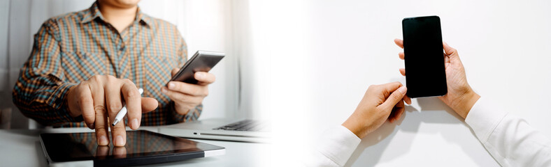 businesswoman hand using smart phone,mobile p payments online shopping,omni channel,digital tablet docking keyboard computer at office in sun light