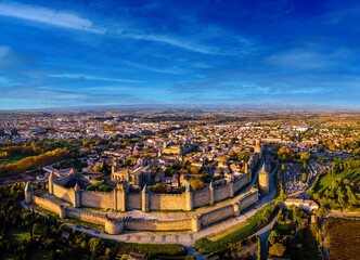 Aerial view of Carcassonne, a French fortified city in France