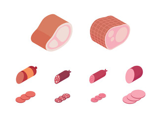 Meat and ham set, butcher shop. Isometric vector illustration in flat design.