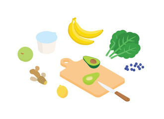 Healthy smoothie prep set. Isometric vector illustration in flat design. 