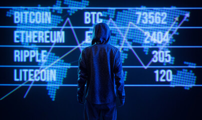 Dangerous hacker. Internet, cryptocurrency, finance, business, cyber crime, cyber attack, game, breaking and malware concept. Dark background. Futuristic holographic interface to display data.