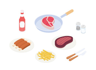 Steak grilling set. Isometric vector illustration in flat design. 
