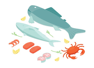 Fish and seafood set. Isometric vector illustration in flat design.
