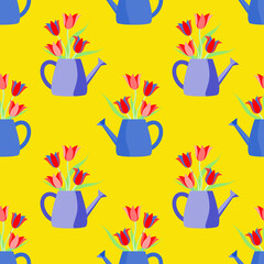 Tulips in a water can, seamless pattern, vector graphic.