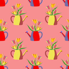 Tulips in a water can, seamless pattern, vector graphic.
