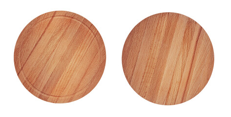 Round cutting boards for serving pizza, steak or cheese. Brown wooden chopping boards set, isolated...