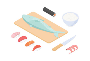 Making sushi set - fish, seafood. Isometric vector illustration in flat design.
