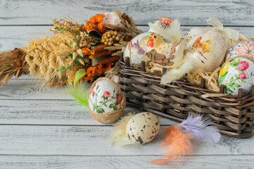 Easter eggs in the basket and a palm tree 