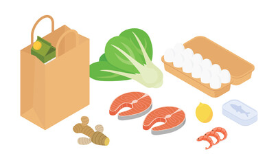 Grocery shopping set - fish, seafood, eggs, vegetables. Isometric vector illustration in flat design.