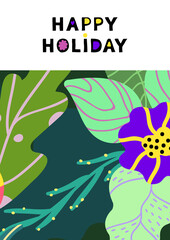 Happy holiday greeting card. Vector universal template with floral design for postcards, invitations, covers, posters, banners, brochures. Copy space for text.