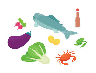 Meal preparation set - fish, seafood, vegetables. Isometric vector illustration in flat design.