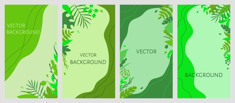 Set of abstract floral backgrounds with leaves and copy space for text in bright green colors. Templates and banners with plant and leafy elements for the design of packaging, covers, posters.