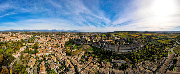 Aerial view of Carcassonne, a French fortified city in France