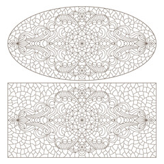 Set contour illustrations of stained glass with abstract swirls and flowers , horizontal orientation