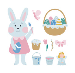 Happy Easter. A collection of vector Easter illustrations with a gray bunny girl coloring eggs. Cute holiday design for Sticker, Postcard, Decor in Pastel colors