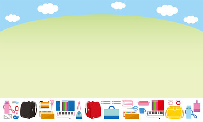入園入学準備品と青空と原っぱの背景