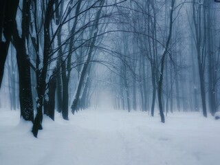Fog in the winter forest. Atmospheric snow-covered forest in the morning mist. 