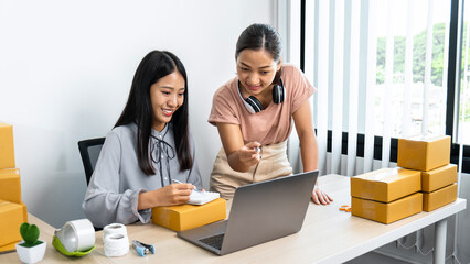 Two young business woman entrepreneur are working together with many parcel box