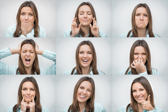Set of beautiful woman portraits with different facial emotions or expressions and gestures isolated on gray background. Collage of multiple images