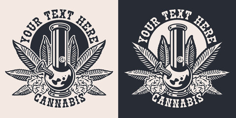 Set vector illustrations with a hemp leaf, seed hemp, bong for white and dark background. The text is in a separate group. This design is perfect for apparel designs and many other uses.