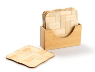 Beverage coasters in wooden holder isolated on white background. Wooden pad for put your mug. ( Clipping path )