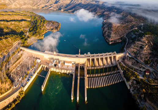 Aerial view of Pant&Atilde;&nbsp; de Riba-roja, a dam on the river Ebro in Spain