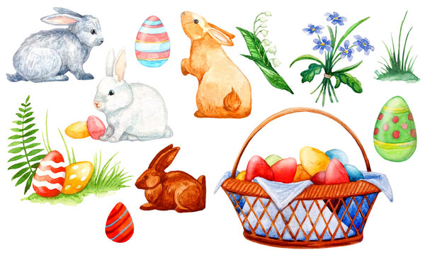 Happy easter watercolor set with bunnies, easter eggs, flowers (lilies of the valley, snowdrops) and grass.