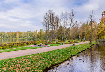Sightseeing of Saint Petersburg. Picturesque Park in autumn in Gatchina town, a suburb of Saint Petersburg, Russia