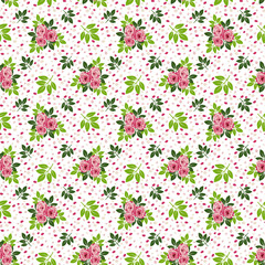 Obraz na płótnie Canvas Bouquets of bright roses, leaves and spots on a white background, seamless pattern