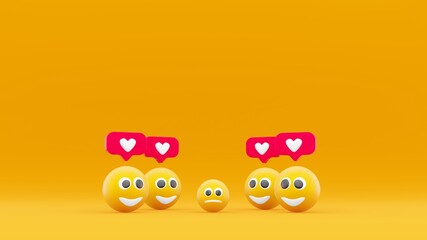 Envy social media likes. Sad or depressing moment in social media. 3D  illustration cute character