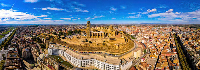 Aerial view of a Gothic-Romanesque cathedral in Lleida in Spain's northeastern Catalonia region