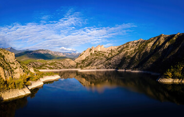 Aerial view of Presa de Oliana dam on El Serge river in Spain