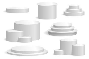 The product is a round and cylindrical podium in one and several tiers. Set of vector podiums for mockups, exhibitions and presentations. Isolated on white, realism style.