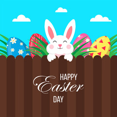 Easter poster with Easter eggs and bunny. Happy Easter Day. Greetings and gifts for Easter in a flat style. Promotion and shopping template for Easter. Banner template for Easter