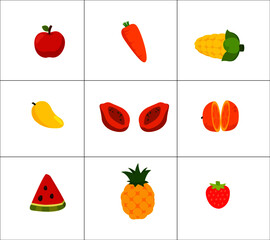 Fruits & vegetables illustration in a cartoon style of apple, mango, carrot, corn, papaya, orange, watermelon, pineapple, strawberry