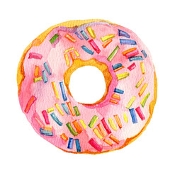 Pink donut on white background, watercolor illustration - 418166314