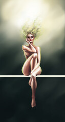 A dark-skinned woman sits cross-legged in a fairy-tale light, wavy, curly, blonde hair flying up, art, illustration