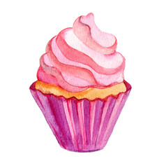 Pink cupcake on white background, watercolor illustration